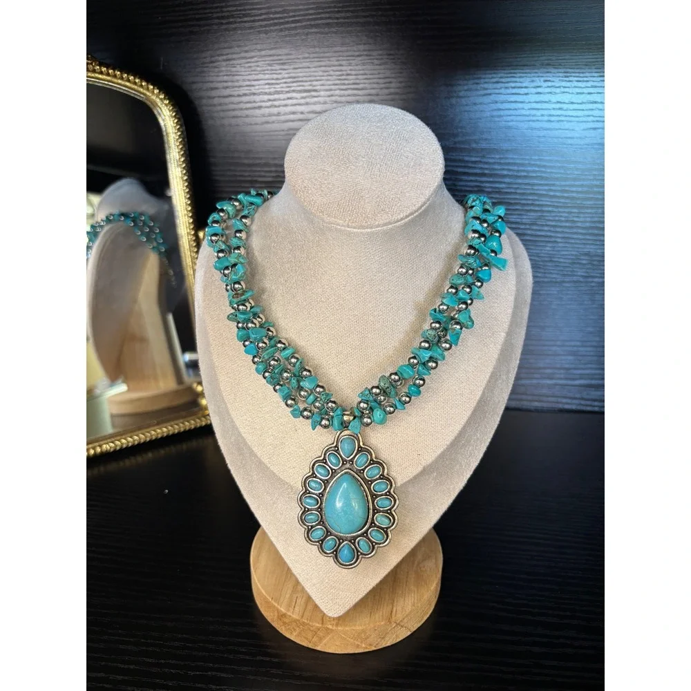 Boho Turquoise Chip Multi Strand Statement Necklace Silver Tone Teardrop Pendant